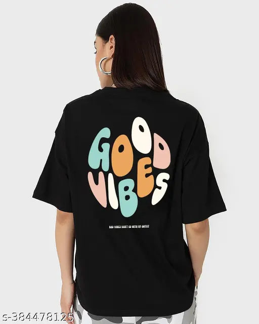 Black cotton blend t-shirt with 'good vibes' text, round neck