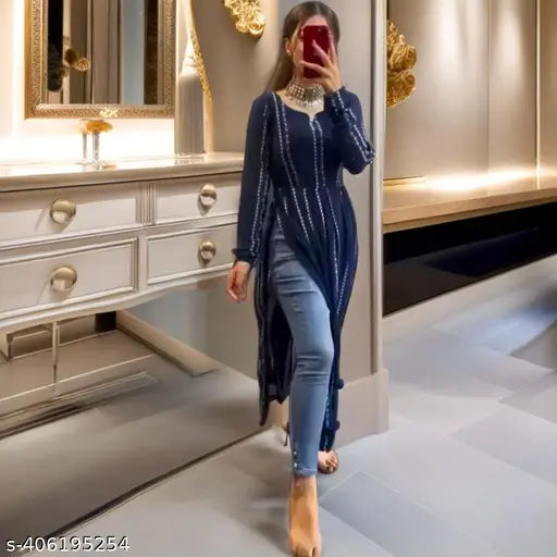 Blue Georgette Kurti, long sleeves, printed combo floral design. Single size S (36in bust, 51in length)