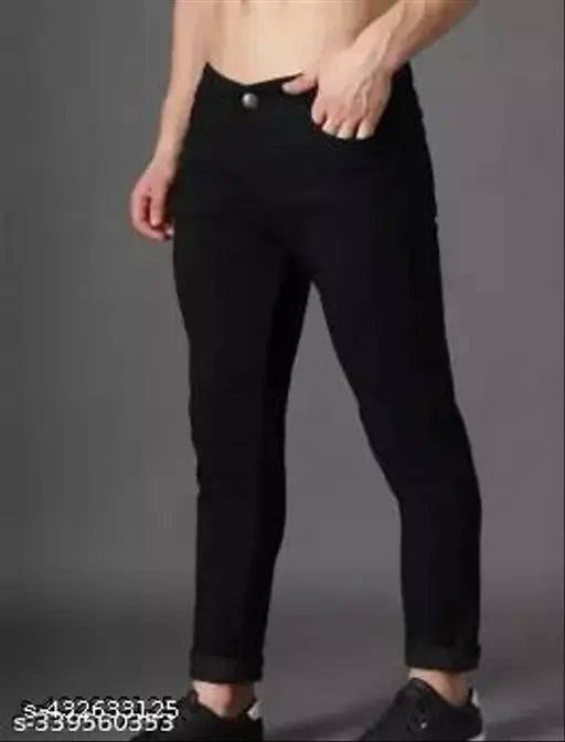 Black polycotton men's jeans, perfect fit for any occasion. Solid black design, size 30 (waist 30in, length 39in, hip 32in). Made in India