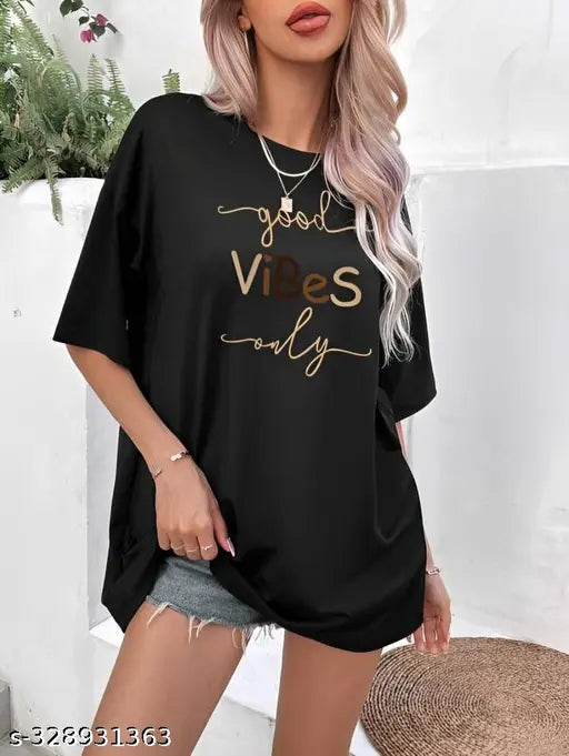 Black oversized round neck printed t-shirt women's