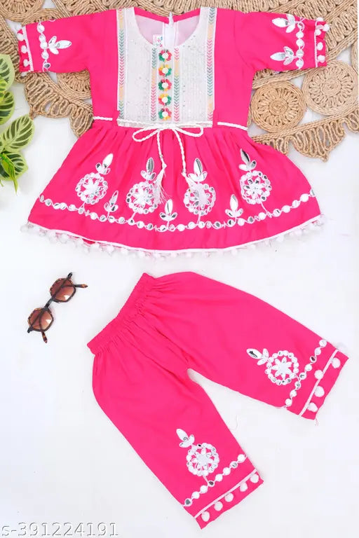 Pink Rayon 5 Star kids naira ethnic set, embellished net bottom pattern, suitable for 1-2 years old