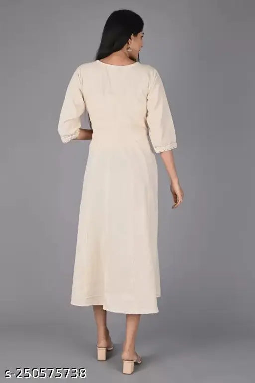 Khaki embroidered cotton gown kurta, multicolor white - premium quality, machine washable Indian fashion for parties and events