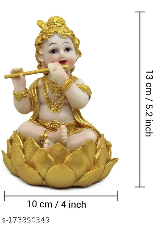 Gold polyresin Radha Krishna idol, 6 inches, depicts baby lotus holding flute
