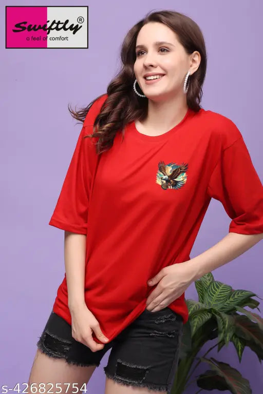 Red oversized t-shirt with eagle print, half sleeve, women's fashion