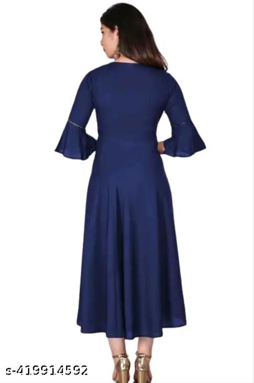Stylish navy blue maxi dress with lining, knee length, rayon material