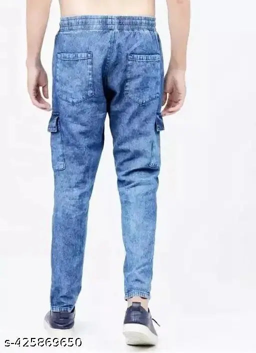 Mens blue denim track pants, elastic waist, sporty style
