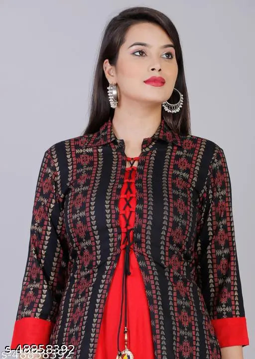 Printed rayon Anarkali Kurta & Jacket, three-quarter sleeve, soft cotton blend, fontslit pattern, India-made