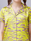 Yellow Shiashi printed satin night suit set (top and shorts), luxurious sleepwear with short sleeves