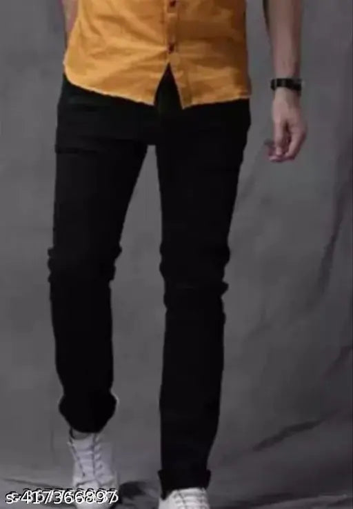 Cotton blend men's black jeans, mid-rise, slim fit, five pockets, machine washable, stretchable denim. India origin, available in sizes 28, 30, 32, 34
