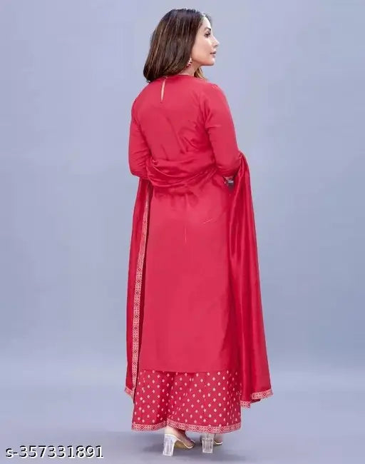 Tomato pink embroidered rayon kurta set with viscose rayon bottomwear, half elastic waist. Indian ethnic wear for any occasion