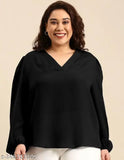Georgette plus size V-neck top, long sleeves, solid color, fashionable party wear, India origin