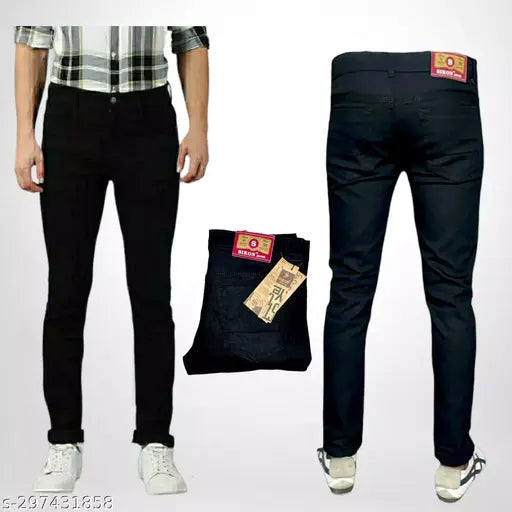 Stretchy black polyester men's jeans by Sikonex - casual design, lightweight and comfortable for everyday wear (size 28, 30, 32)