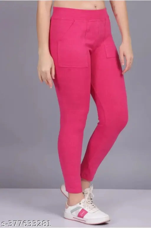 Pink stretchable Lycra jegging - Solid fit for girls' casual or dressy wear. Indian-made leggings with a slim, high waist design and pocket