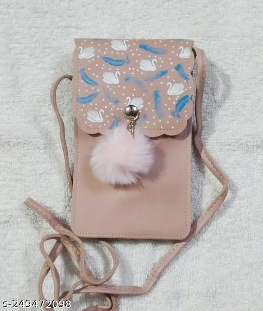 Black leather wallet with a small, round, tasseled fuzzy keychain and front zipper closure. It features a purple design patterned after a peach with leaves on a white background. The bag also has a side pocket and appears to have space for at least 2 cards or IDs