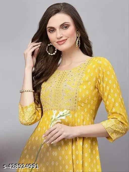 Yellow printed embroidered Anarkali dress for women and girls