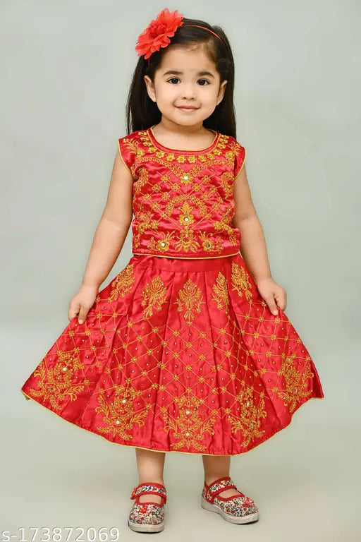 Cotton blend party lehenga choli with embroidered patterns, suitable for children 6 months - 3 years. Indian traditional clothing on display