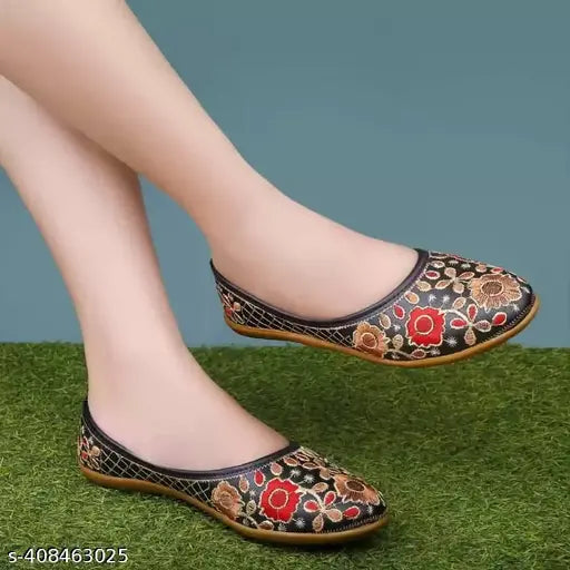 Black leather ballerinas with Jaipuri embroidery - stylish juttis for women's wedding parties, soft cloth straps" (104 characters)