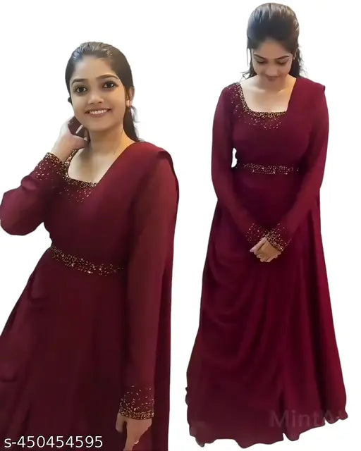 Maroon georgette daimand gown, solid net with long sleeves, size S-XXL, India origin