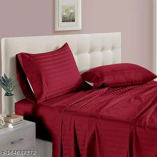 Red cotton satin strip bedsheet, 90 x 100 inch king size with 2 pillow covers for home & hotel rooms - ideal for summer, adult use