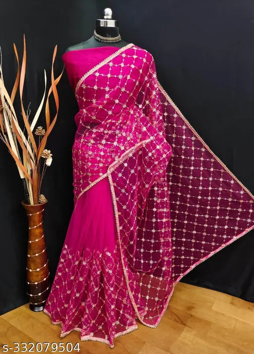 Net saree with mulberry silk blouse, latest model 2023, Zari embroidered, Indian origin