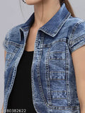 Blue washed checked crop denim jacket for women, cotton with contrast stitching and cut & sew panels. Team up with any top or pant for a stylish outfit, made in India