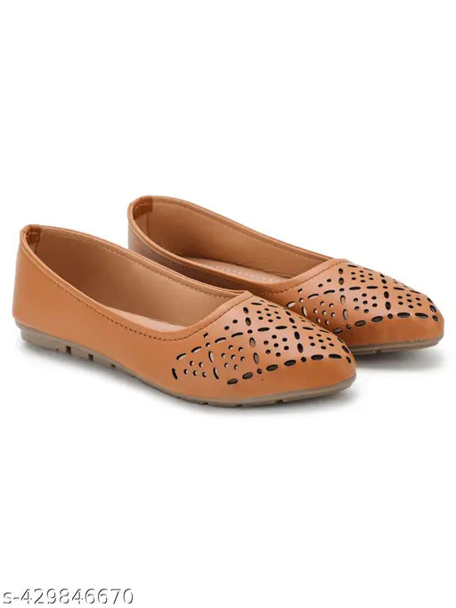 Brown dotted Rexine bellies, cross strap design, comfortable, stylish latest ballerina shoes for women