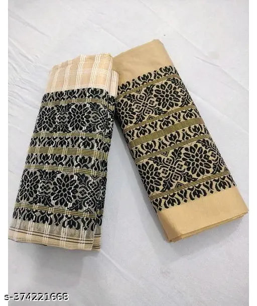 Assamese Muga Cotton Mekhla Chador, chiffon saree with separate blouse piece, intricate woven design