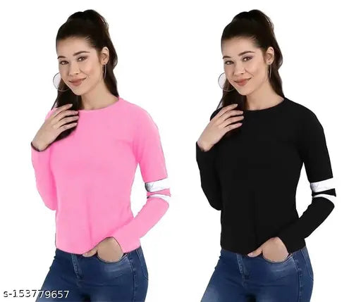 Solid cotton round neck full sleeve T-shirt for women, 100% bio-washed fabric, perfect for casual wear