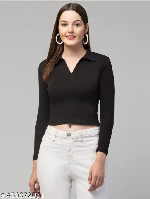 Black cotton-blend long sleeves women's top, casual & comfy, available in S-XL