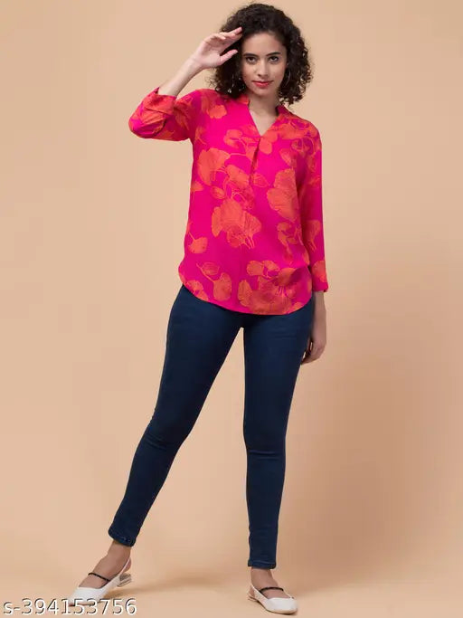 Fuchsia pink, rayon slub sleeve, printed floral women's top with 3/4 sleeves - Hive91 brand, elevated casual wear