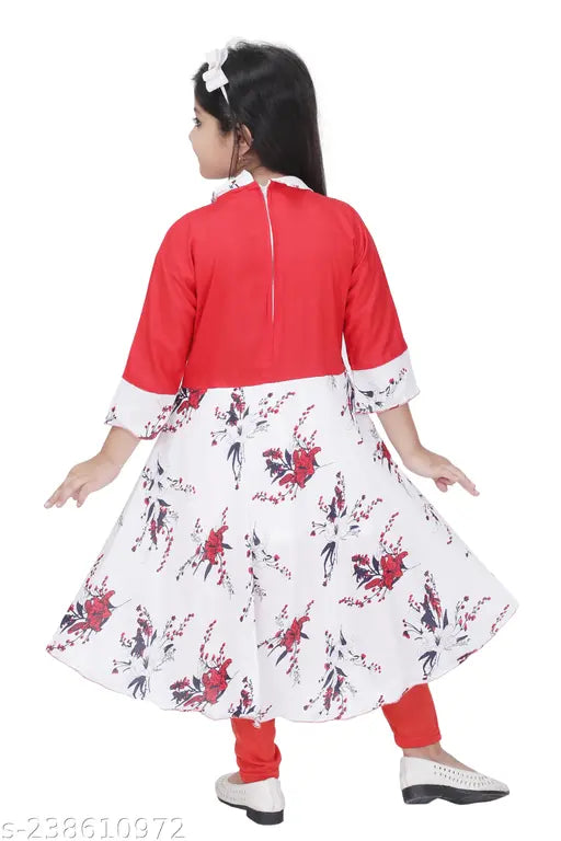 Red cotton rayon frock & dress set with leggings, 3/4 sleeves, printed pattern, back zip opener - Girls' party wear from India