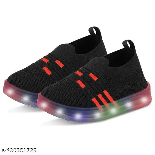 Black, red, white, and blue kids' LED light shoes with black laces and a red stripe on the side