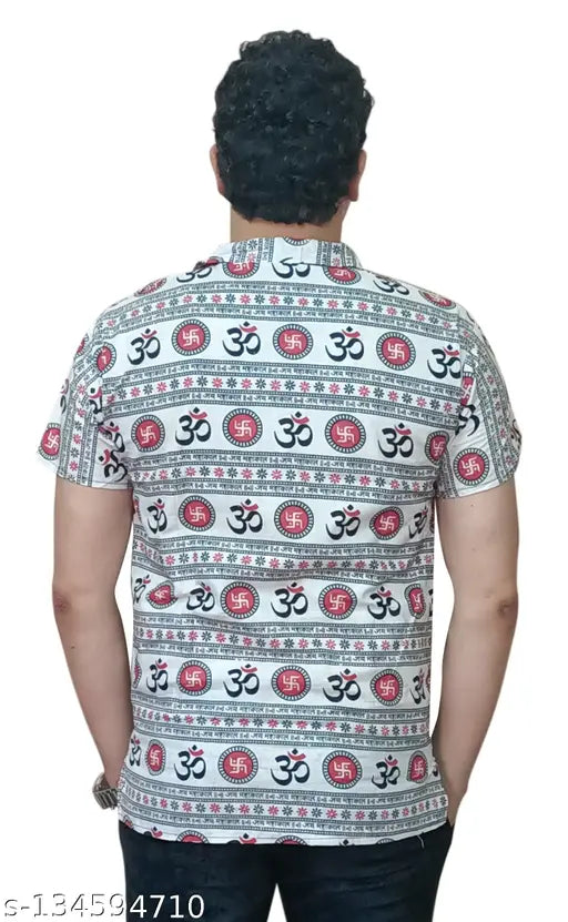White cotton OM mens t-shirt, printed with spiritual motif. Short sleeves, size M (chest 34in), L (chest 36in), XL (chest 40in), XXL (chest 42in), XXXL (chest 44in). Machine washable, dry in shade. Made in India
