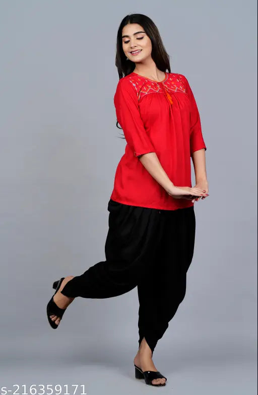 Rayon tunic-dhoti set, three-quarter sleeves, embroidered Indian fashion