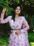 Georgette printed net long-sleeve gown with dupatta, classy trendy women's formal wear from India (S, M, L, XL, XXL, XXXL)