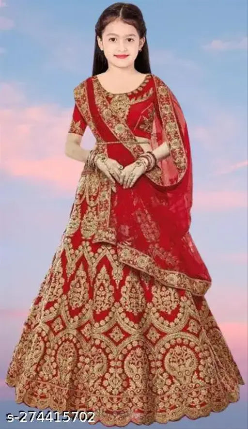 Red satin lehenga choli set with dupatta, intricately embroidered, traditional Indian fashion for young girls (3-16 years)