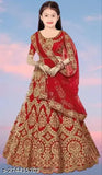Red satin lehenga choli set with dupatta, intricately embroidered, traditional Indian fashion for young girls (3-16 years)