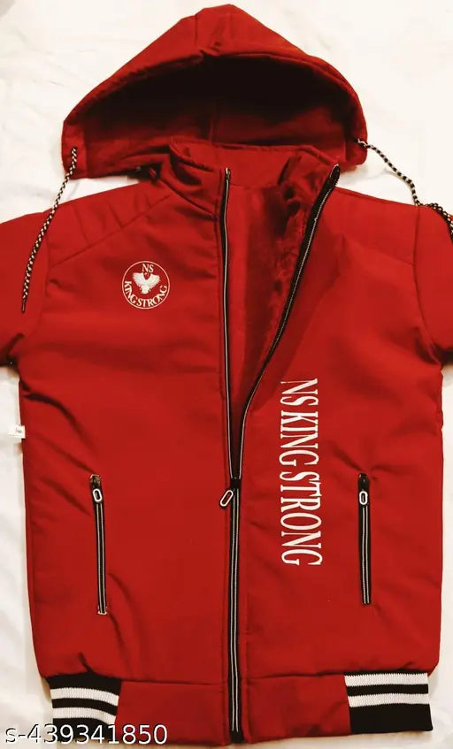 Red jacket with hood, zipper closure
