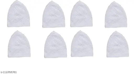 White cotton prayer cap set (pack of 8), comfortable for daily use or special occasions like Ramadan, Eid, Haj, Umrah. Made in India