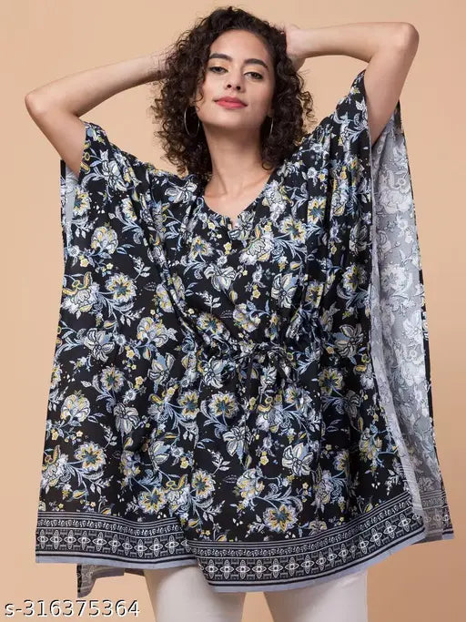Black Rayon decollete kaftan dress (length 34), floral print with adjustable waist and short sleeves