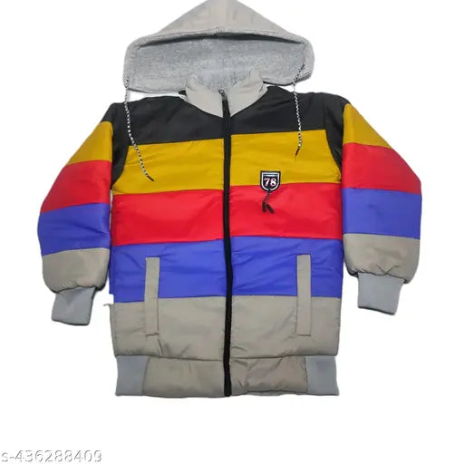 Multi-colored padded jacket with hood and zip closure