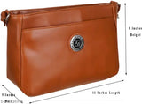 Roman sling design in tan leather brown with black trim
