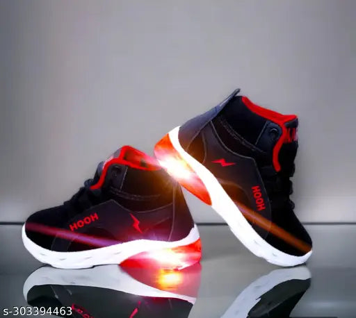 Unisex black and red kids sneakers with LED lights