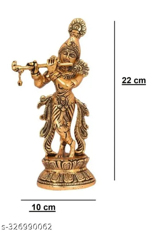 Metal Lord Krishna idol, ornate decorative piece for homes/offices, 6cmx10cmx22cm, Indian-made, golden plated