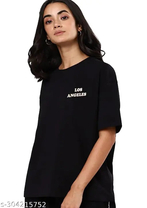 Oversized women's casual round neck half-sleeve T-shirt in black cotton material