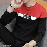 Men's cotton blend colorblock polo neck T-shirt, long sleeves, slim fit with printed pattern, size M (38" chest, 27" length), soft texture for casual wear