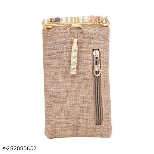 Handcrafted satin clutch with a gold zipper and a mobile phone case, designed as a bridal purse with a hook for attaching sarees