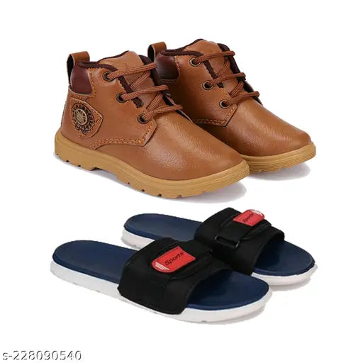 Brown leather casual shoes for kids, featuring lace-up closures and black soles
