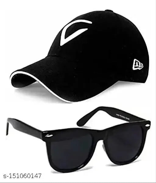 Black baseball cap, black sunglasses with white lenses
