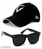 Black baseball cap, black sunglasses with white lenses